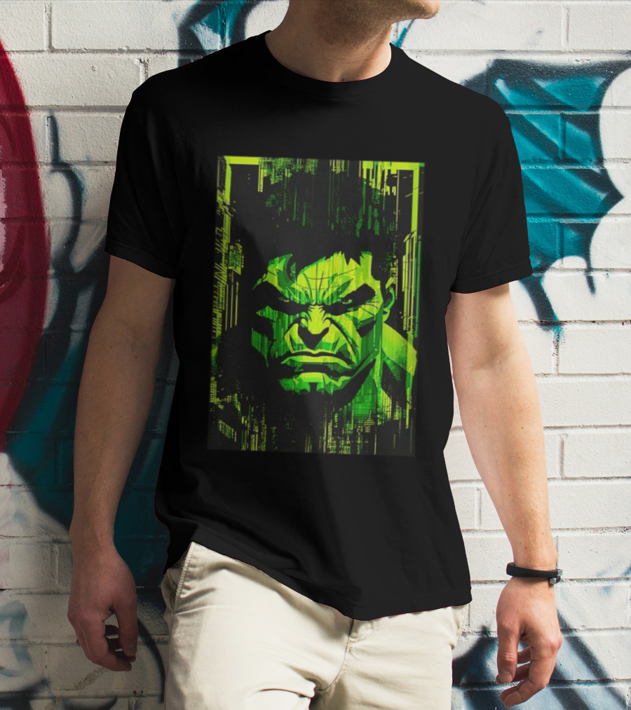 Hulk Glitch Digital Green Abstract Face T-Shirt