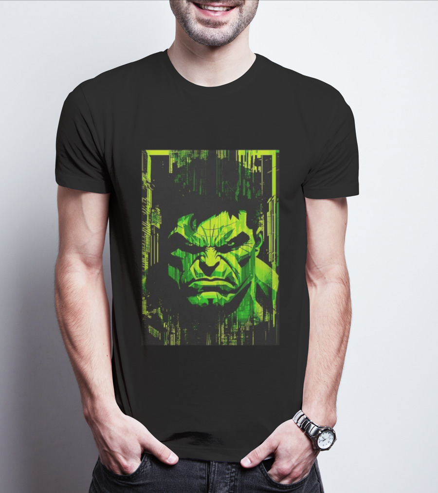 Hulk Glitch Digital Green Abstract Face T-Shirt