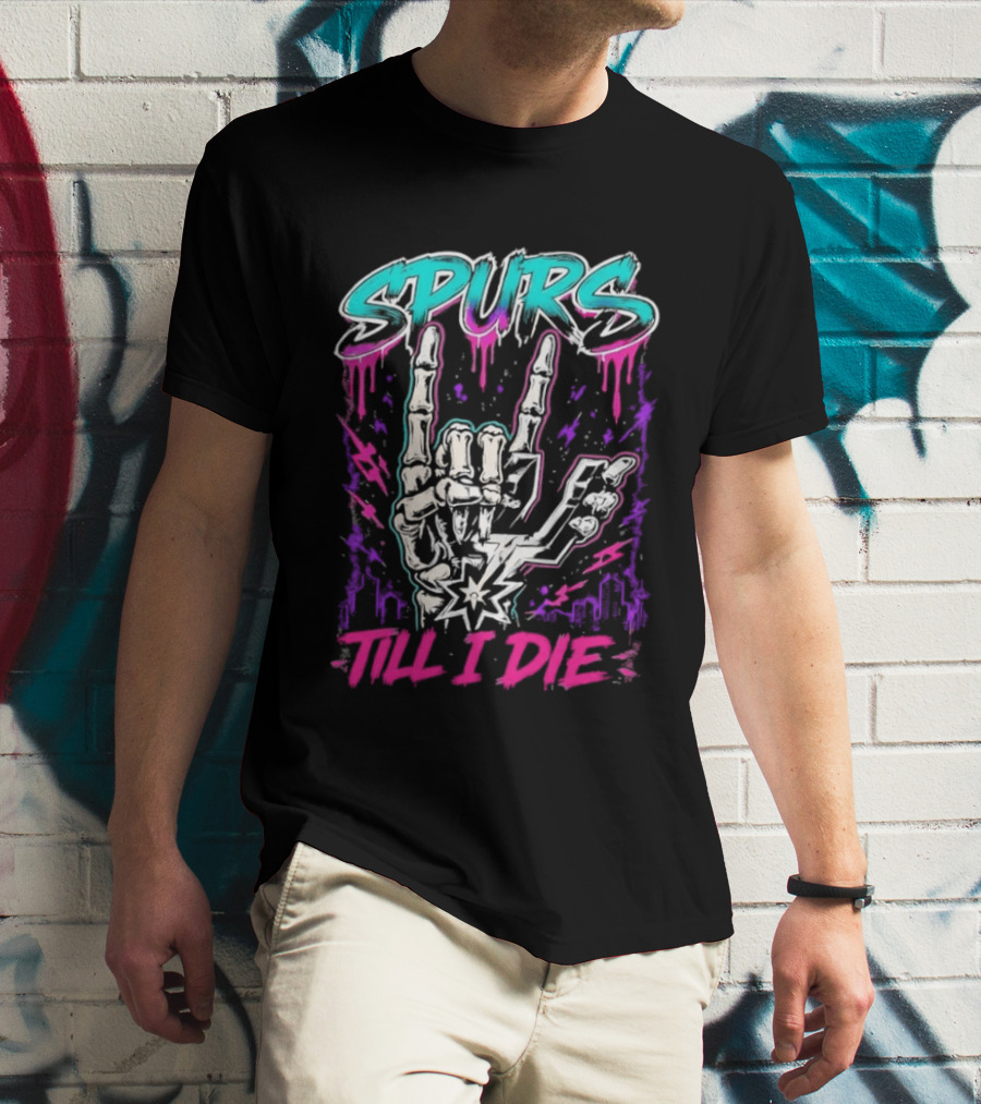 Spurs Till I Die Skeleton Hand Rock On San Antonio Basketball T-Shirt