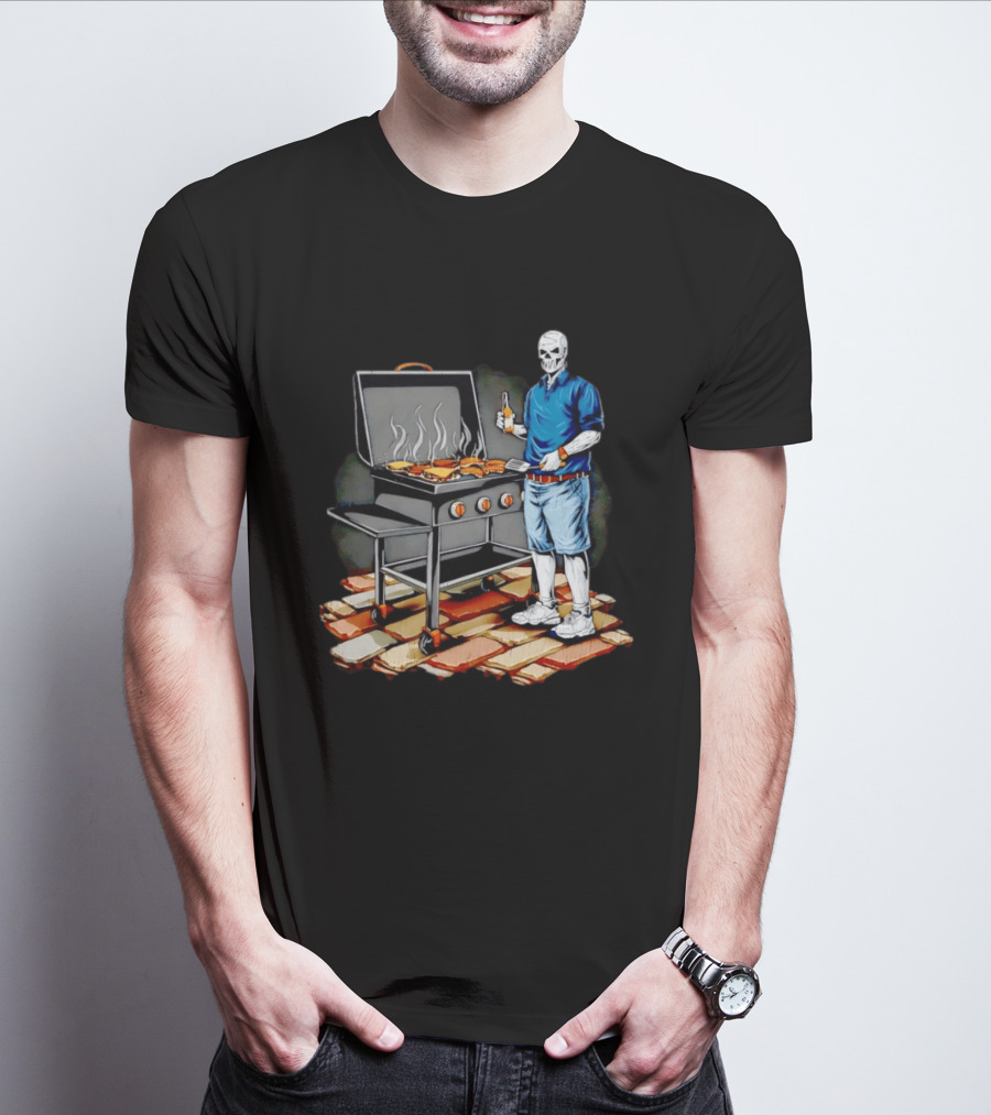 Skeleton Grilling BBQ With Beer And Burgers T-Shirt