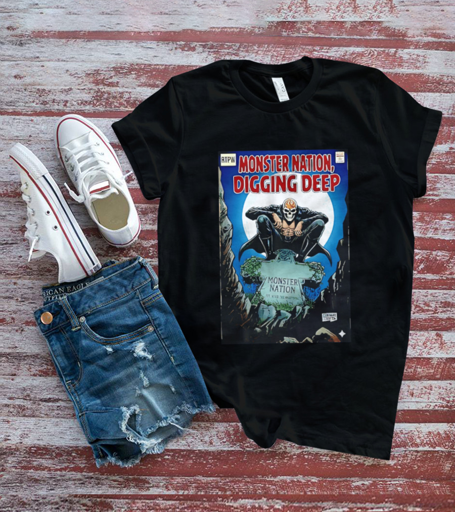 Monster Nation Digging Deep Comic Cover Tombstone Skeleton Superhero T-Shirt
