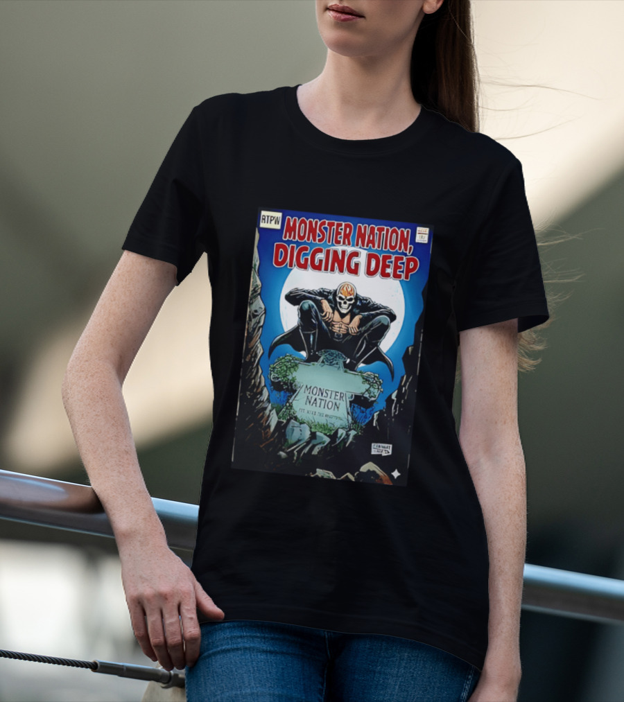 Monster Nation Digging Deep Comic Cover Tombstone Skeleton Superhero T-Shirt
