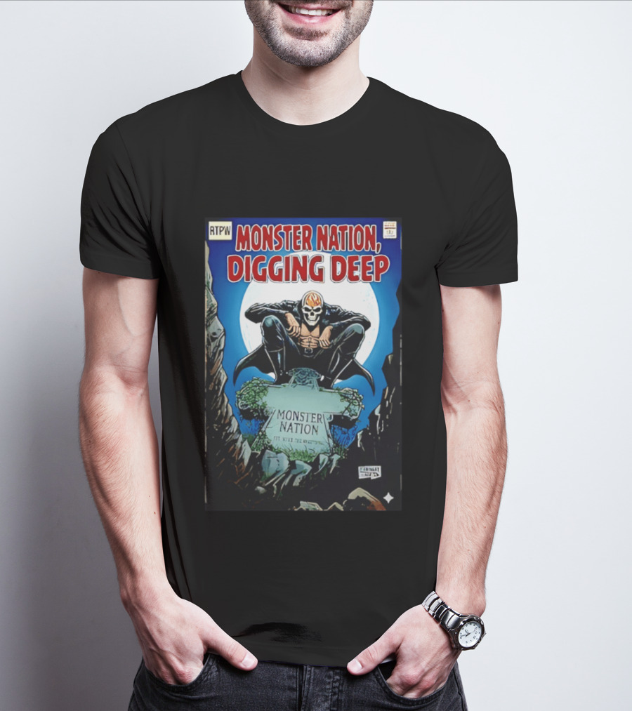 Monster Nation Digging Deep Comic Cover Tombstone Skeleton Superhero T-Shirt