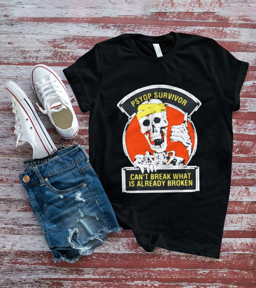 Psyop Survivor Skeleton Can't Break What Is Already Broken Yellow Bandana Thumbs Up T-Shirt