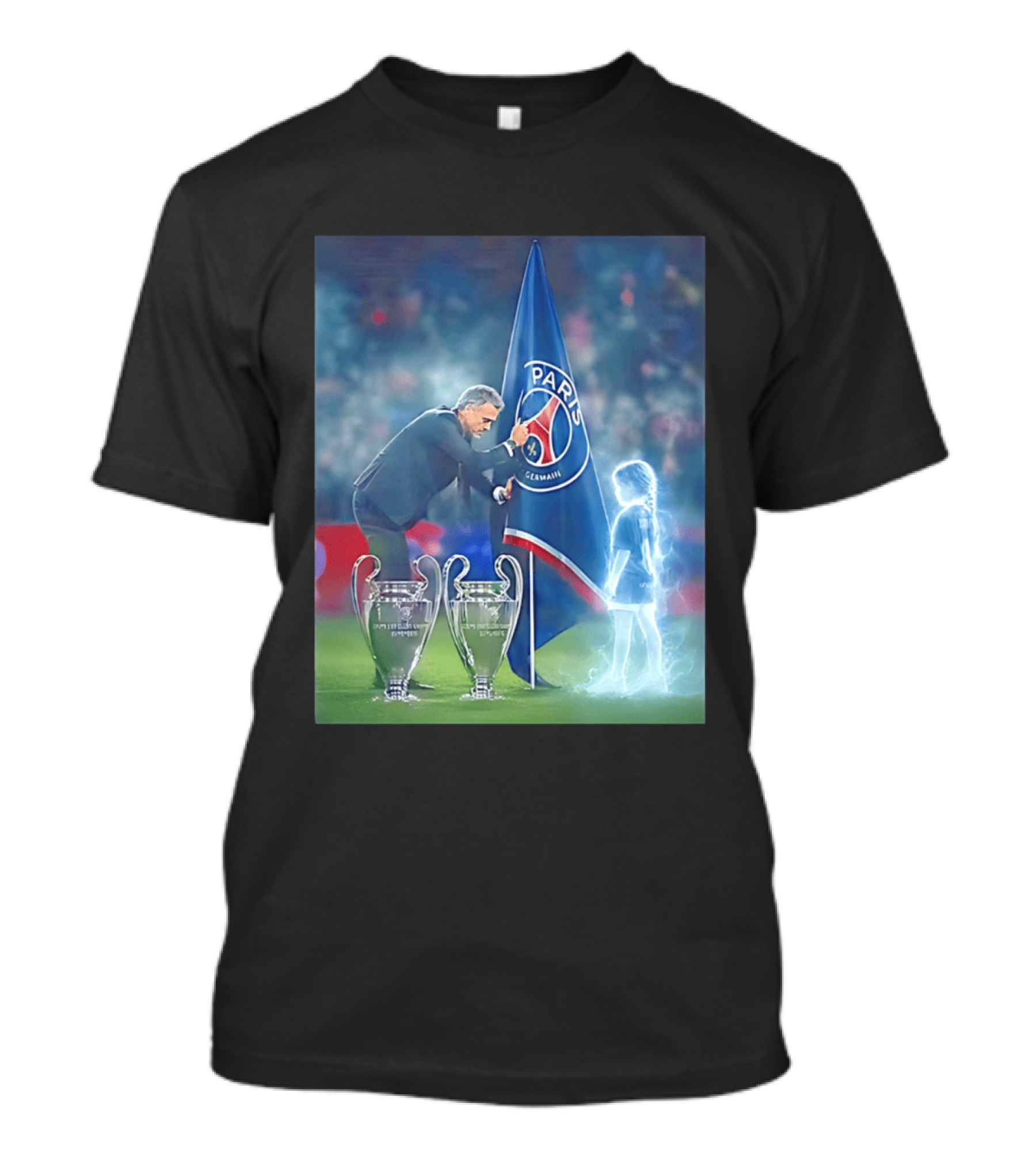Paris Saint Germain Luis Enrique UEFA Trophies Team Flag T-Shirt