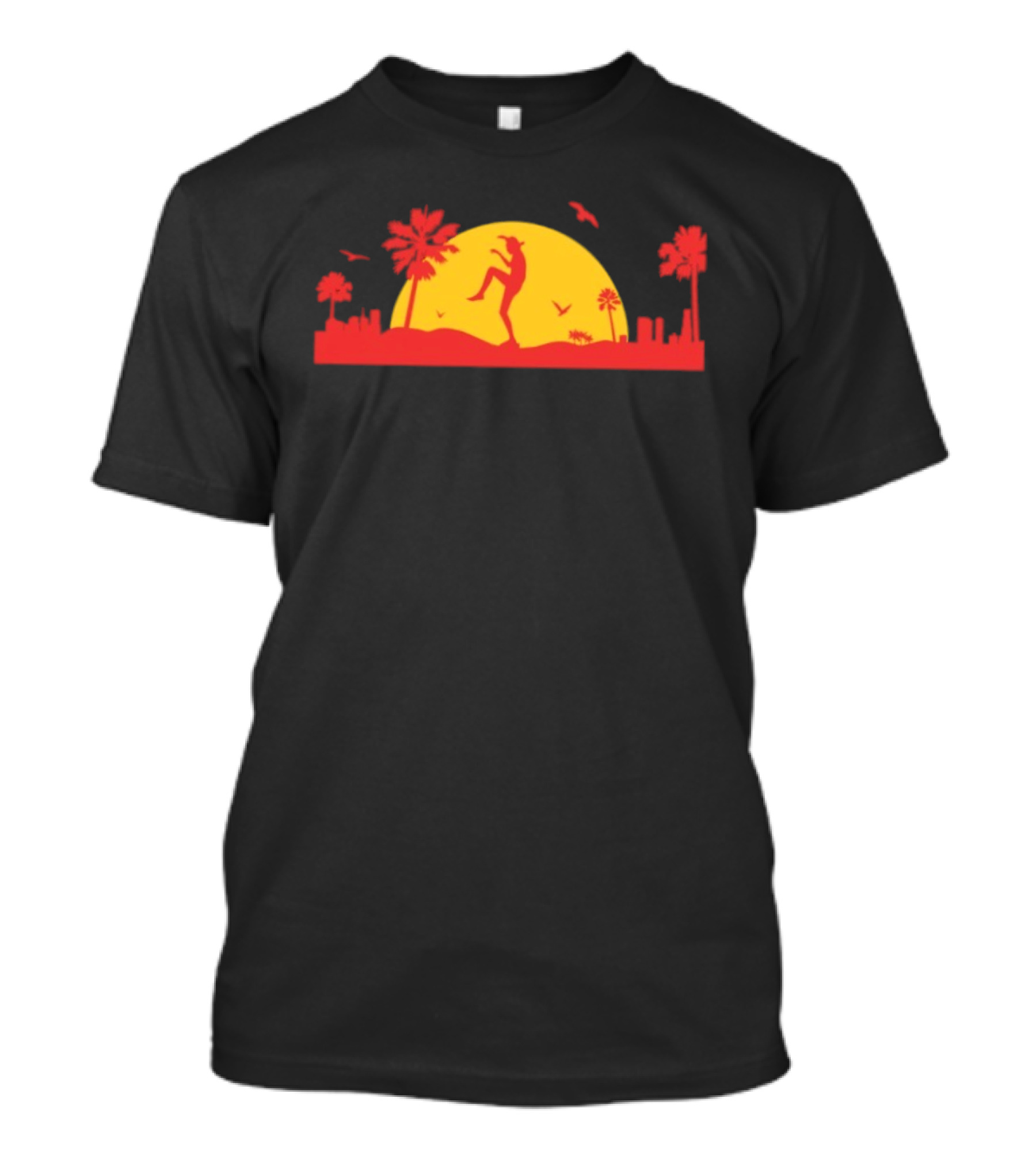 Sunset Crane Club Martial Arts Silhouette With Palm Trees And Birds T-Shirt