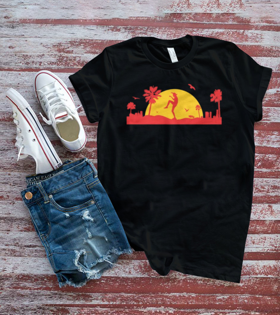 Sunset Crane Club Martial Arts Silhouette With Palm Trees And Birds T-Shirt