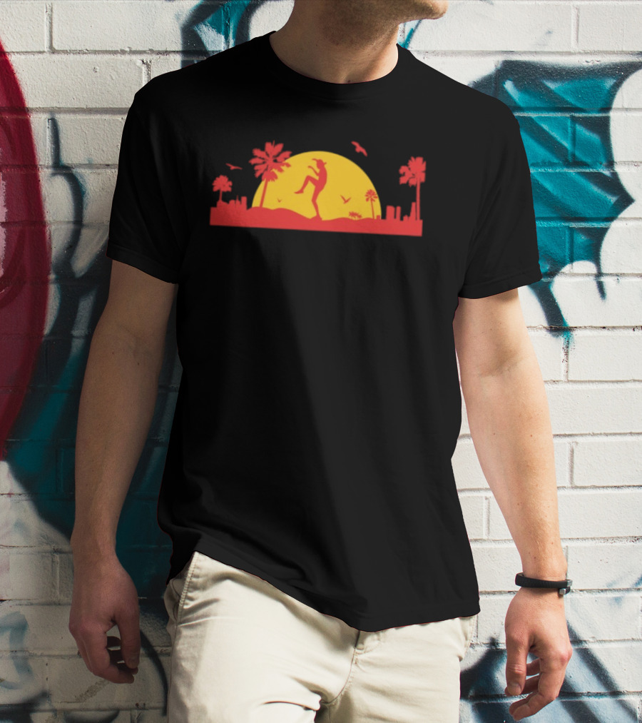Sunset Crane Club Martial Arts Silhouette With Palm Trees And Birds T-Shirt