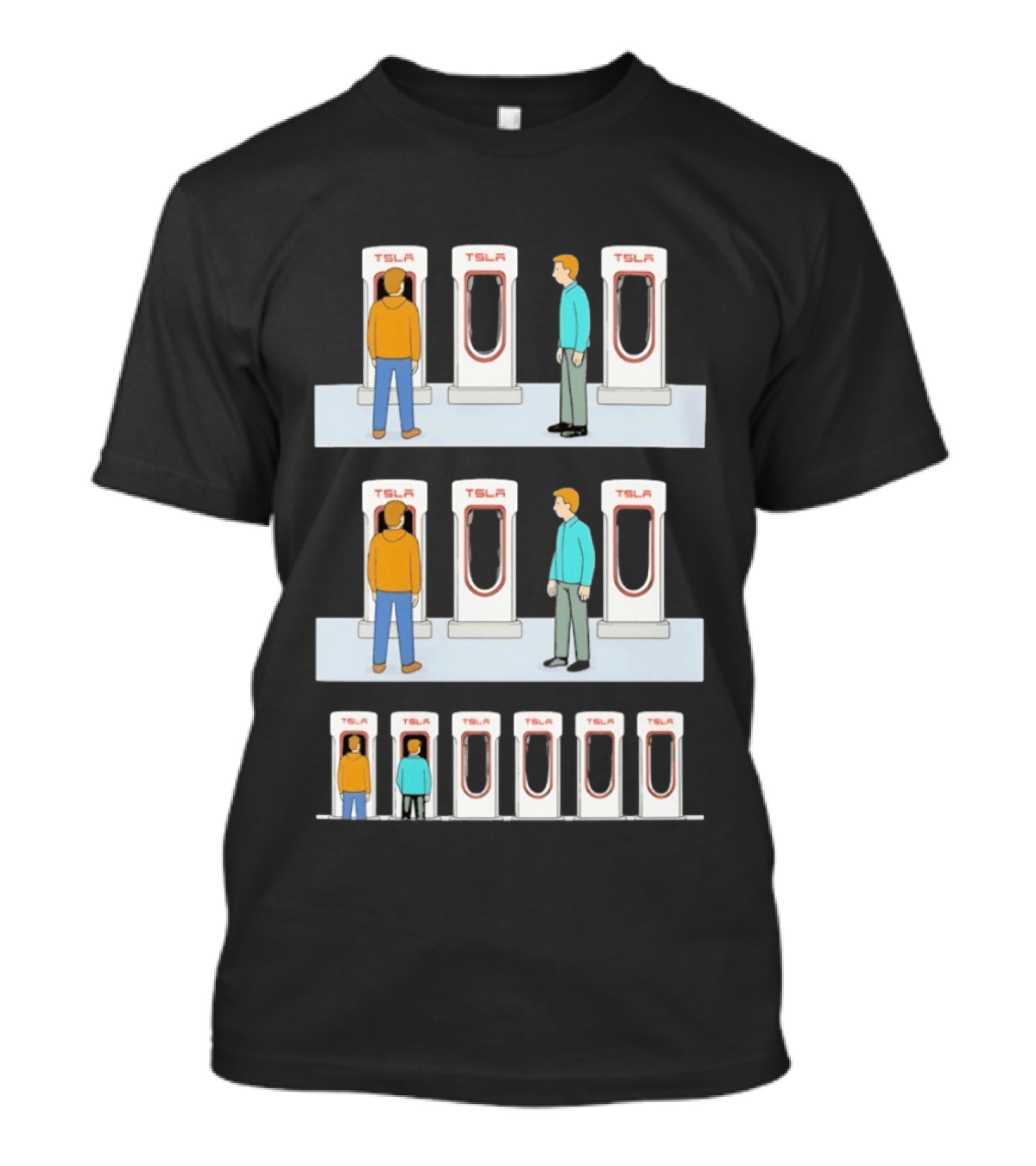 Tesla Comic Strip Charging Supercharger Urinals Parking Humor T-Shirt