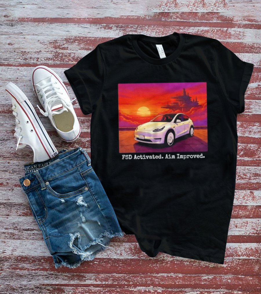 Tesla Model Y FSD Activated Aim Improved Sunset Futuristic City Scene T-Shirt