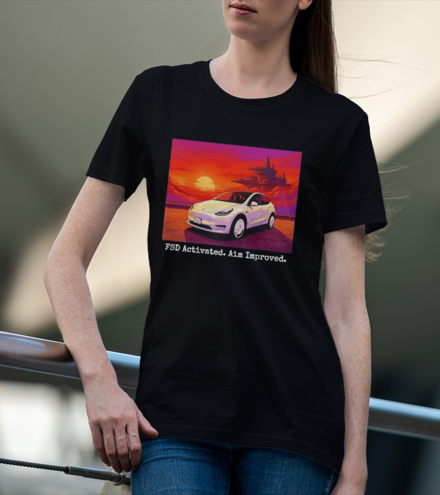 Tesla Model Y FSD Activated Aim Improved Sunset Futuristic City Scene T-Shirt