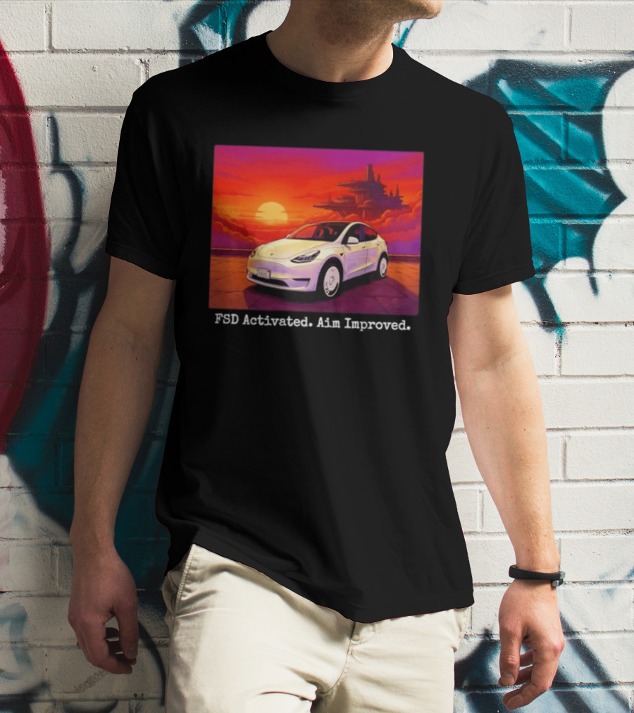 Tesla Model Y FSD Activated Aim Improved Sunset Futuristic City Scene T-Shirt