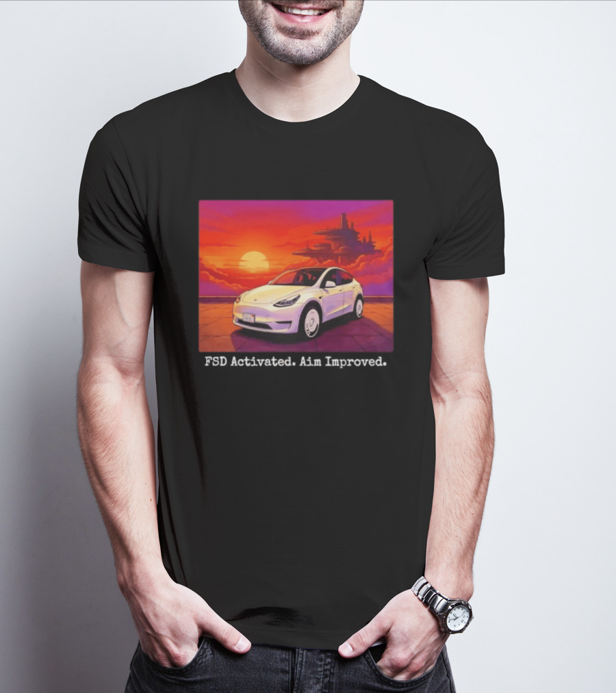 Tesla Model Y FSD Activated Aim Improved Sunset Futuristic City Scene T-Shirt