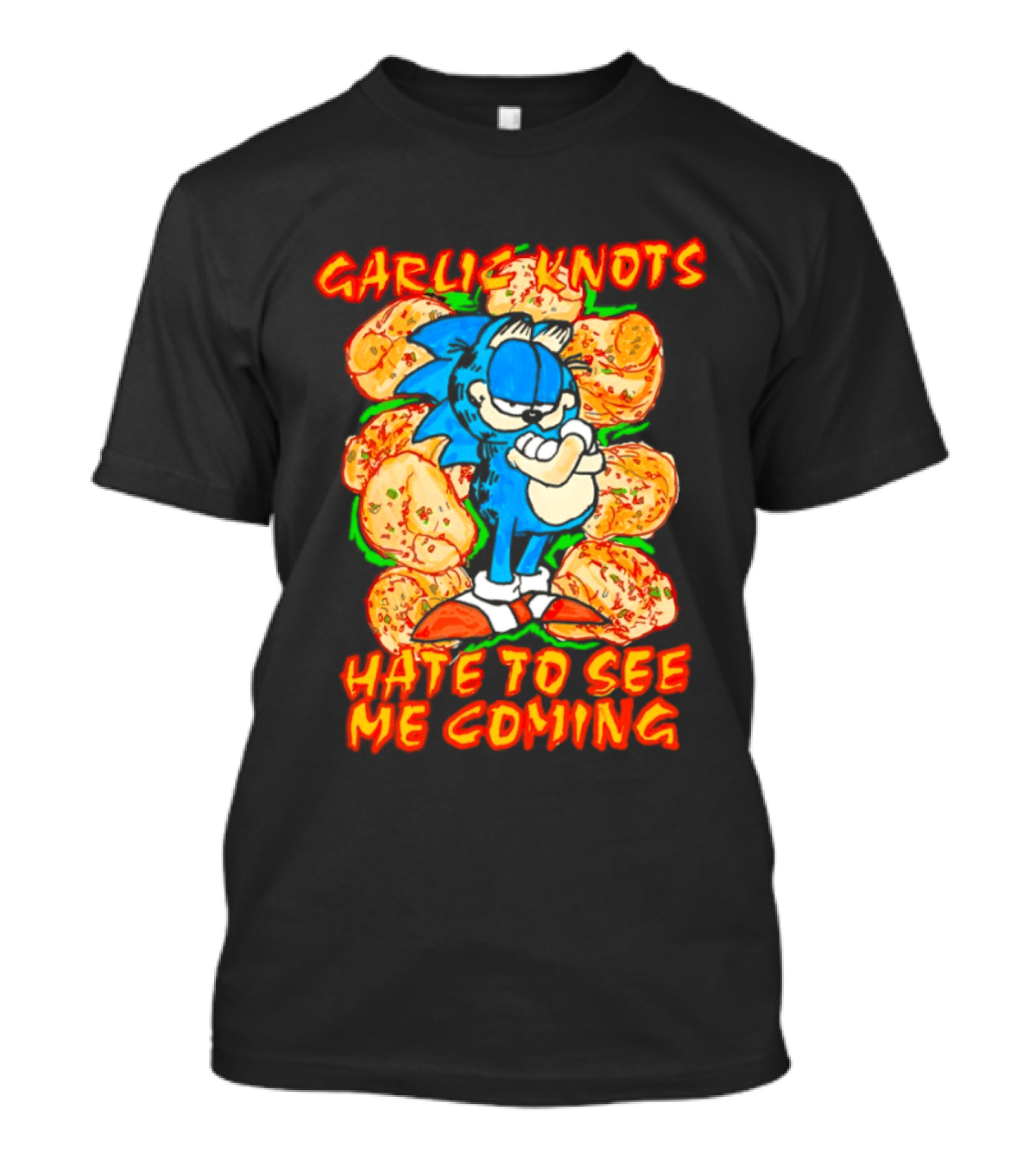 Garlic Knots Hate To See Me Coming Blue Character Surrounded By Cheesy Snacks T-Shirt