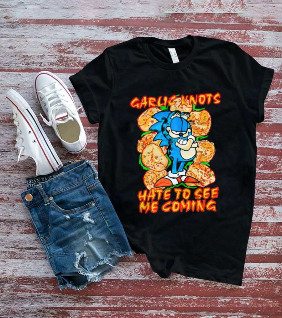 Garlic Knots Hate To See Me Coming Blue Character Surrounded By Cheesy Snacks T-Shirt