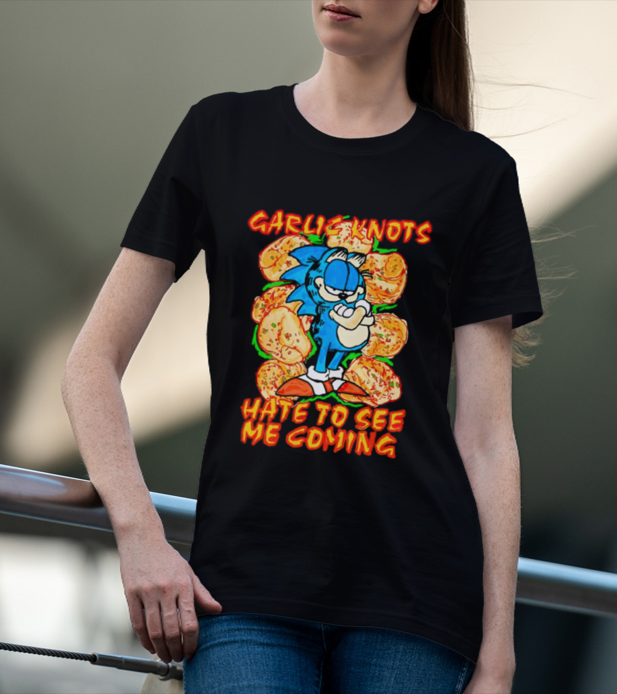 Garlic Knots Hate To See Me Coming Blue Character Surrounded By Cheesy Snacks T-Shirt