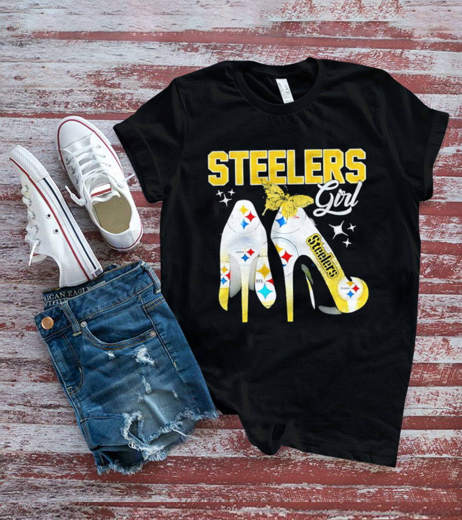 Steelers Girl High Heels With Butterfly And Stars T-Shirt