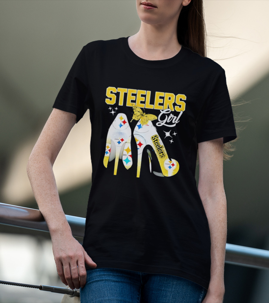 Steelers Girl High Heels With Butterfly And Stars T-Shirt