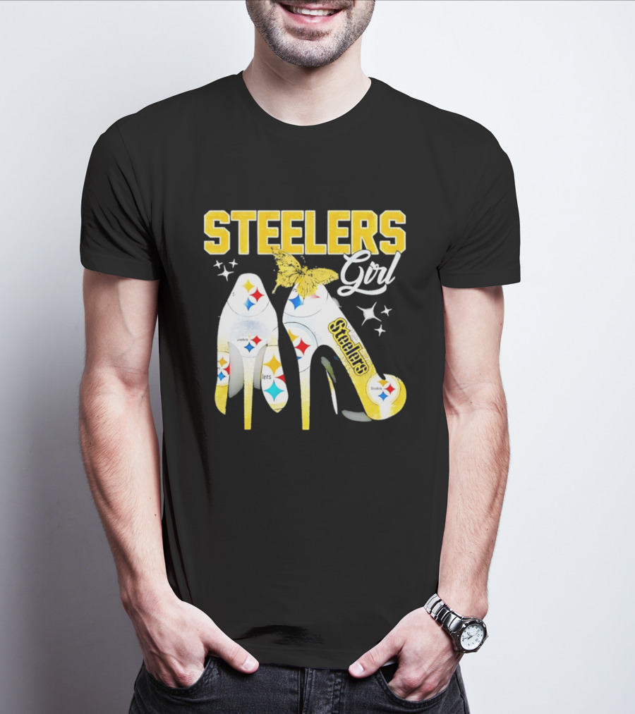 Steelers Girl High Heels With Butterfly And Stars T-Shirt