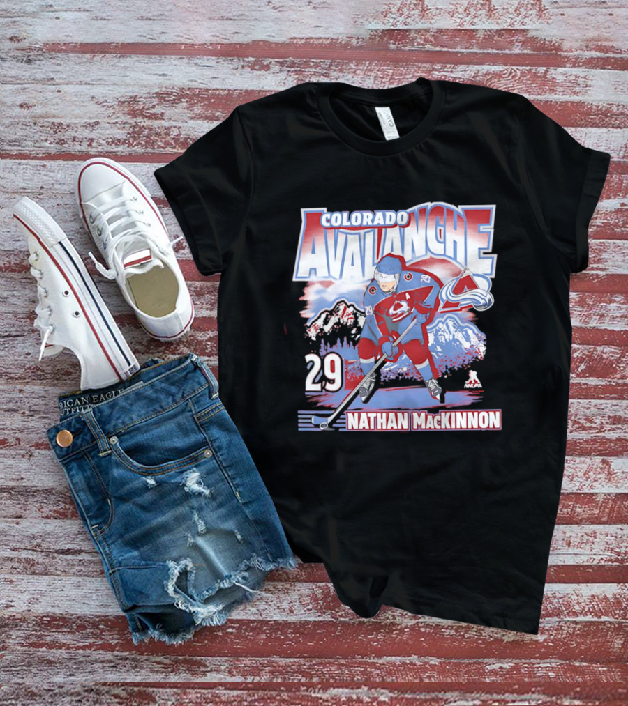 Colorado Avalanche Nathan MacKinnon 29 Hockey Mountain Scene T-Shirt