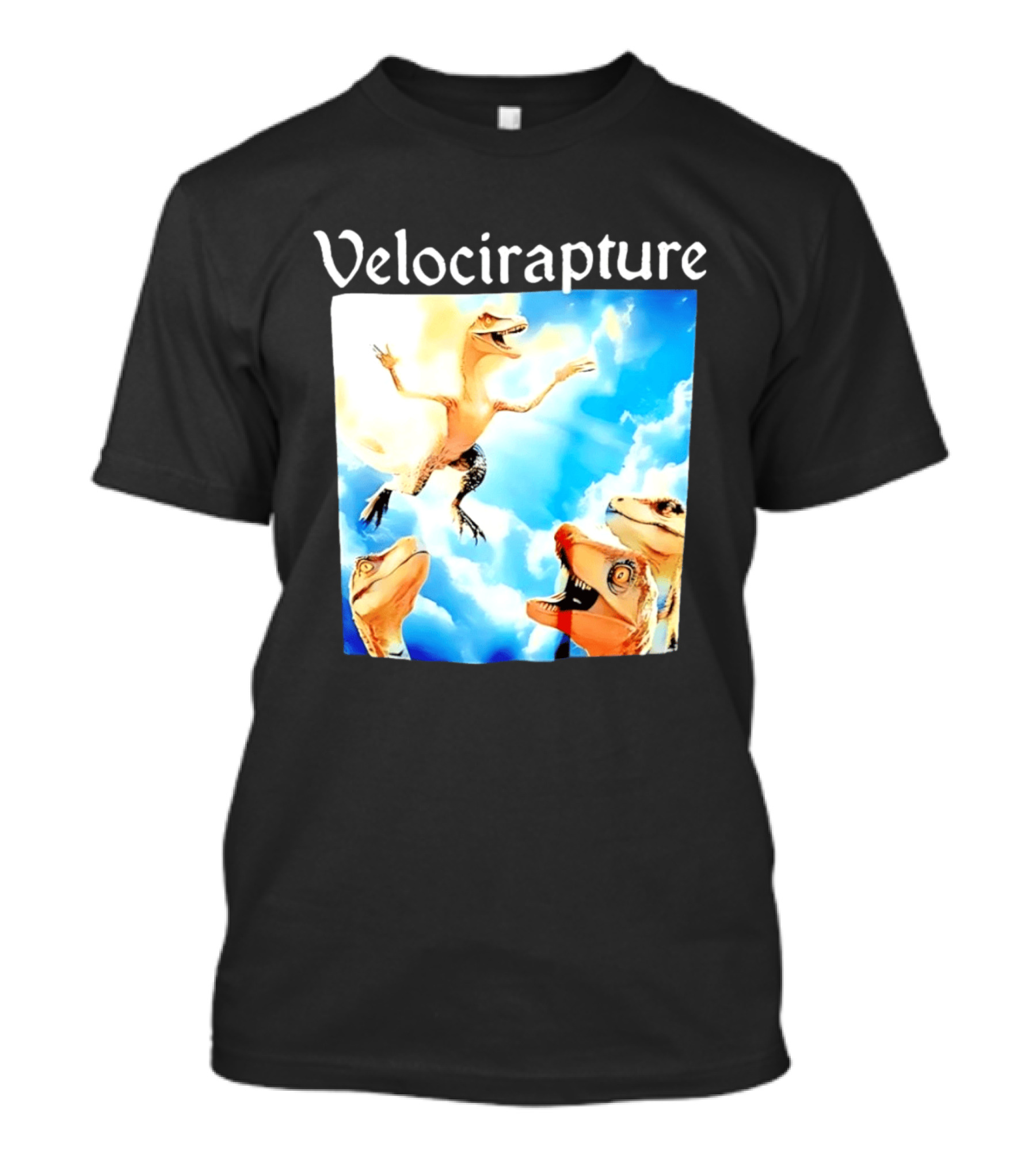 Velocirapture Dinosaur Raptor With Clouds And Blue Sky T-Shirt