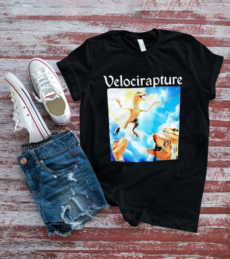 Velocirapture Dinosaur Raptor With Clouds And Blue Sky T-Shirt