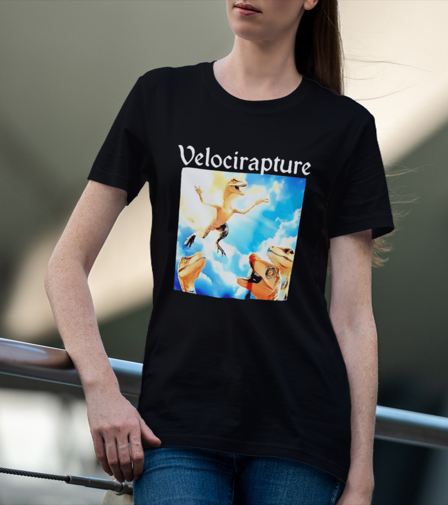 Velocirapture Dinosaur Raptor With Clouds And Blue Sky T-Shirt