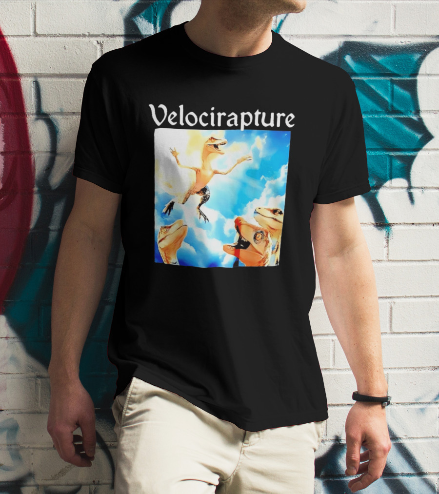 Velocirapture Dinosaur Raptor With Clouds And Blue Sky T-Shirt