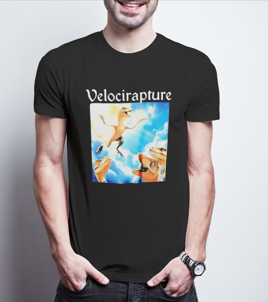 Velocirapture Dinosaur Raptor With Clouds And Blue Sky T-Shirt