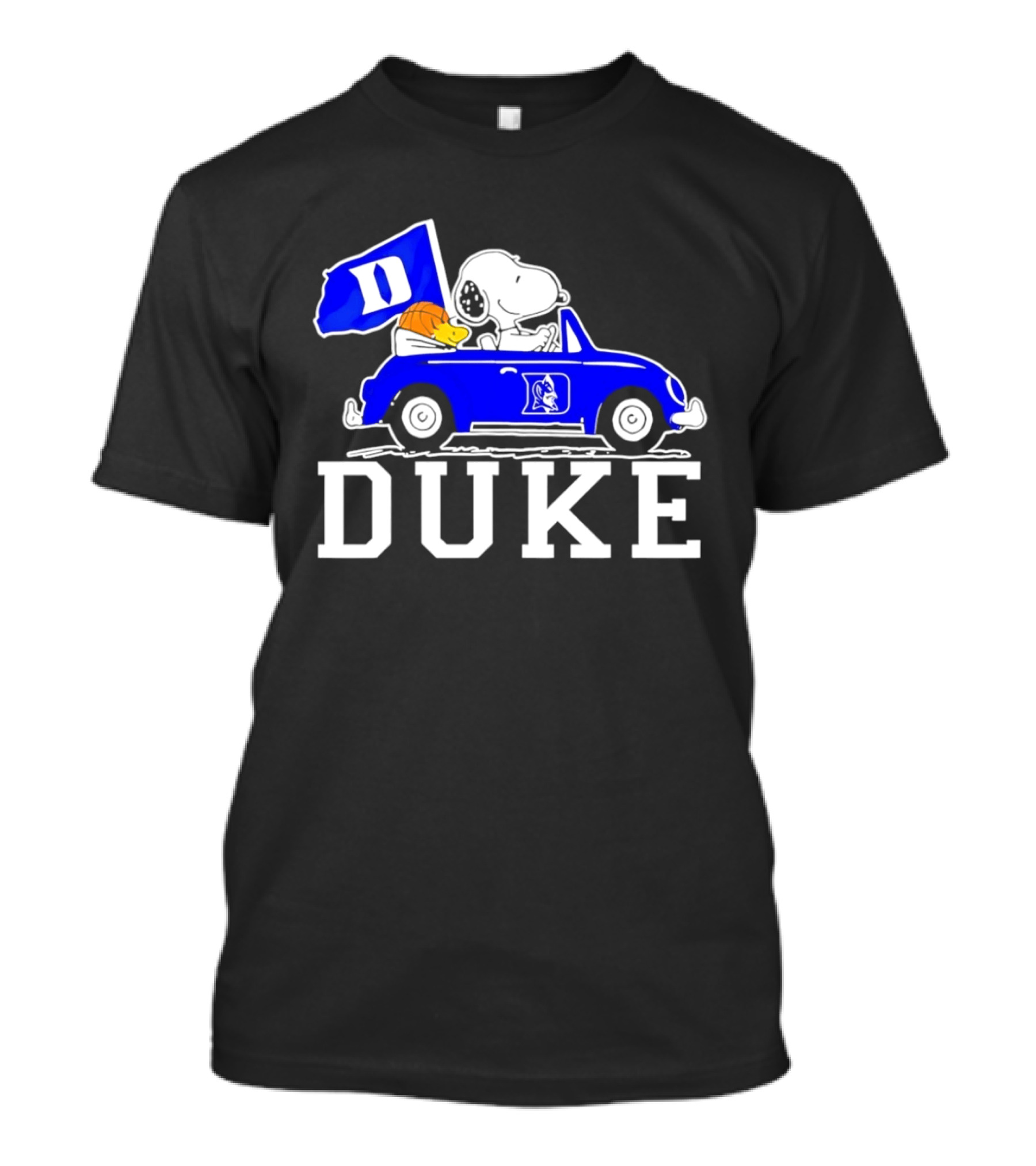 Snoopy And Woodstock Driving Duke Blue Car With Duke Blue Devils Flag T-Shirt