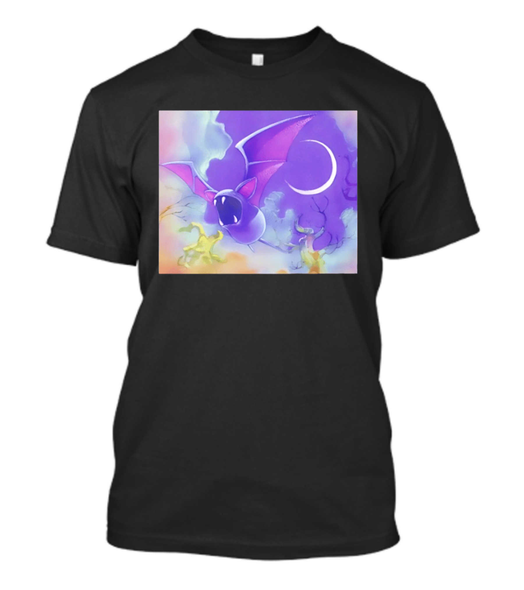 Spooky Bat With Pink Wings Flying Under Crescent Moon Halloween Night Scene T-Shirt