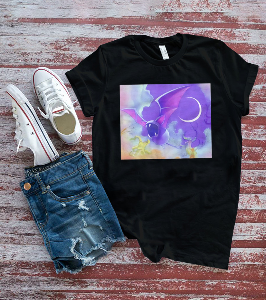 Spooky Bat With Pink Wings Flying Under Crescent Moon Halloween Night Scene T-Shirt