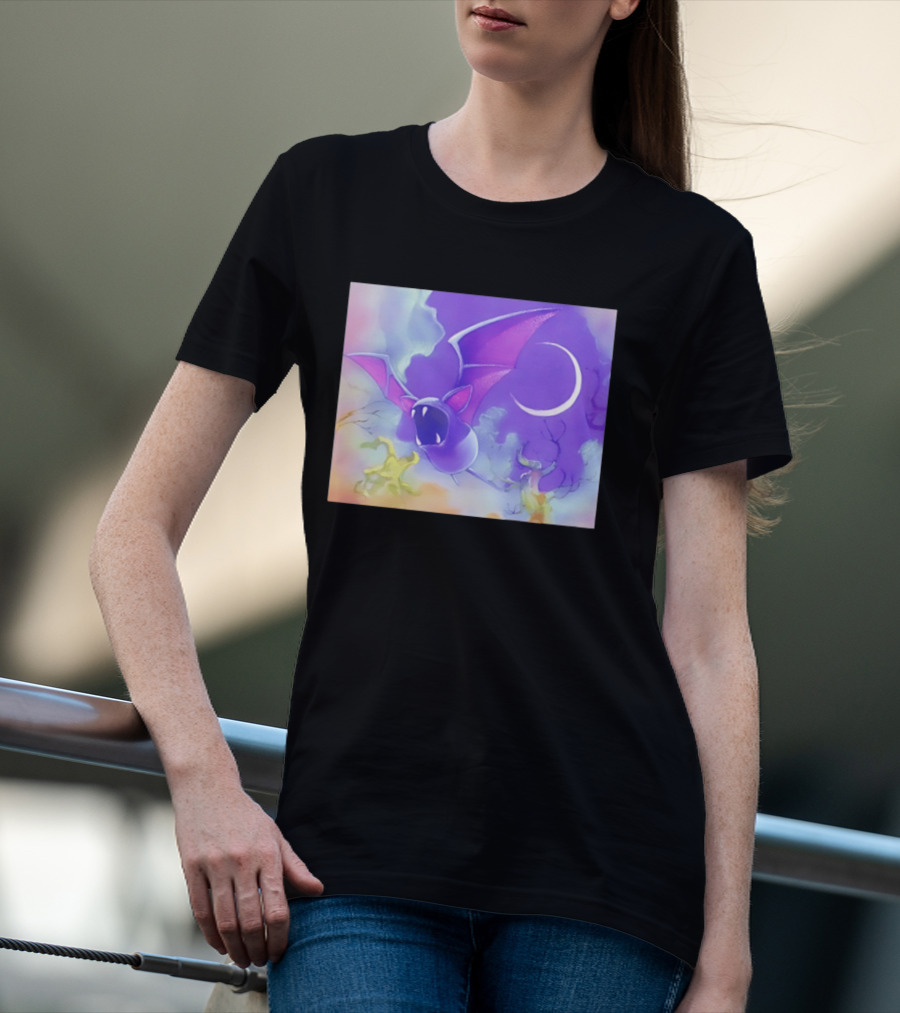 Spooky Bat With Pink Wings Flying Under Crescent Moon Halloween Night Scene T-Shirt