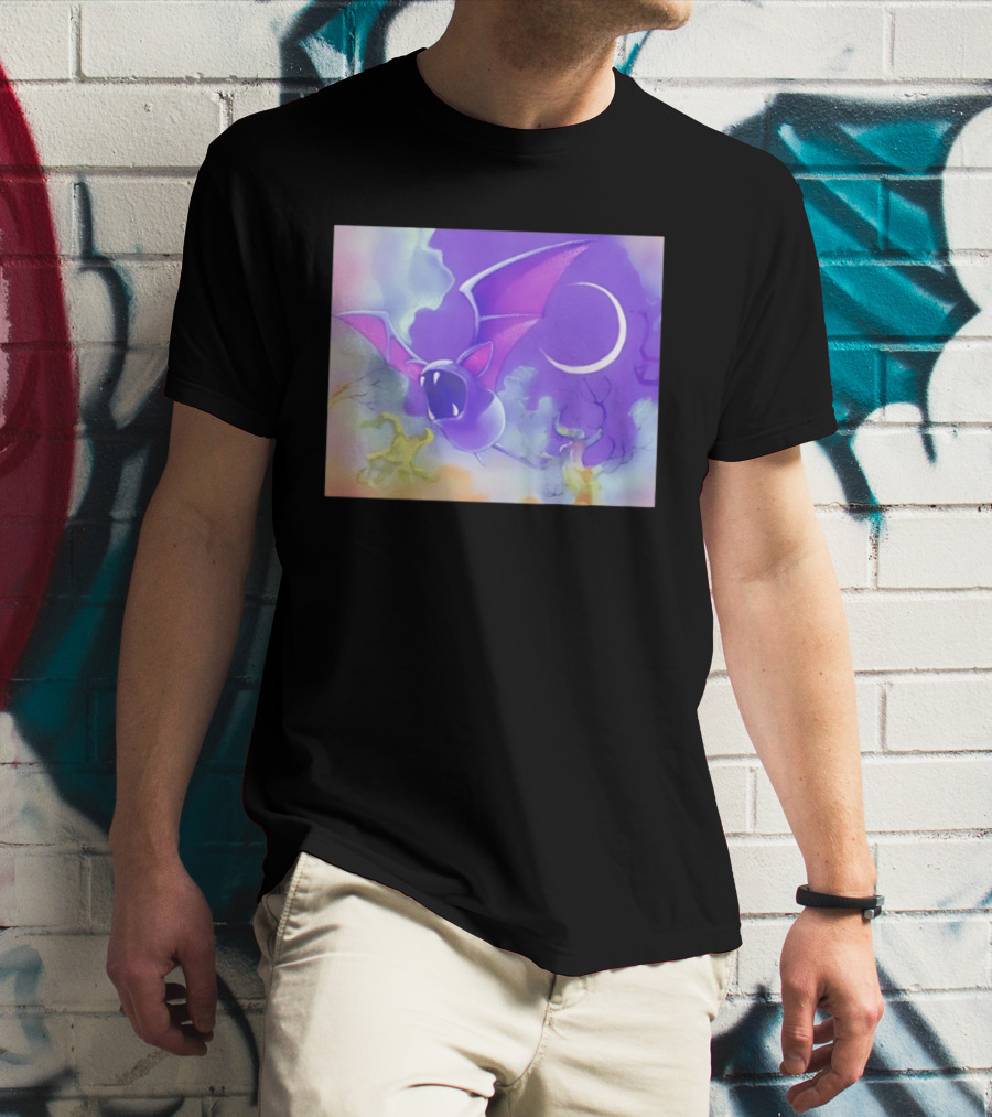 Spooky Bat With Pink Wings Flying Under Crescent Moon Halloween Night Scene T-Shirt