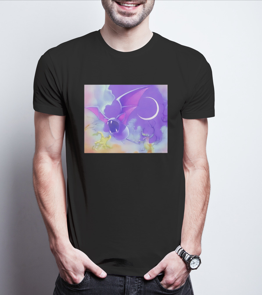 Spooky Bat With Pink Wings Flying Under Crescent Moon Halloween Night Scene T-Shirt