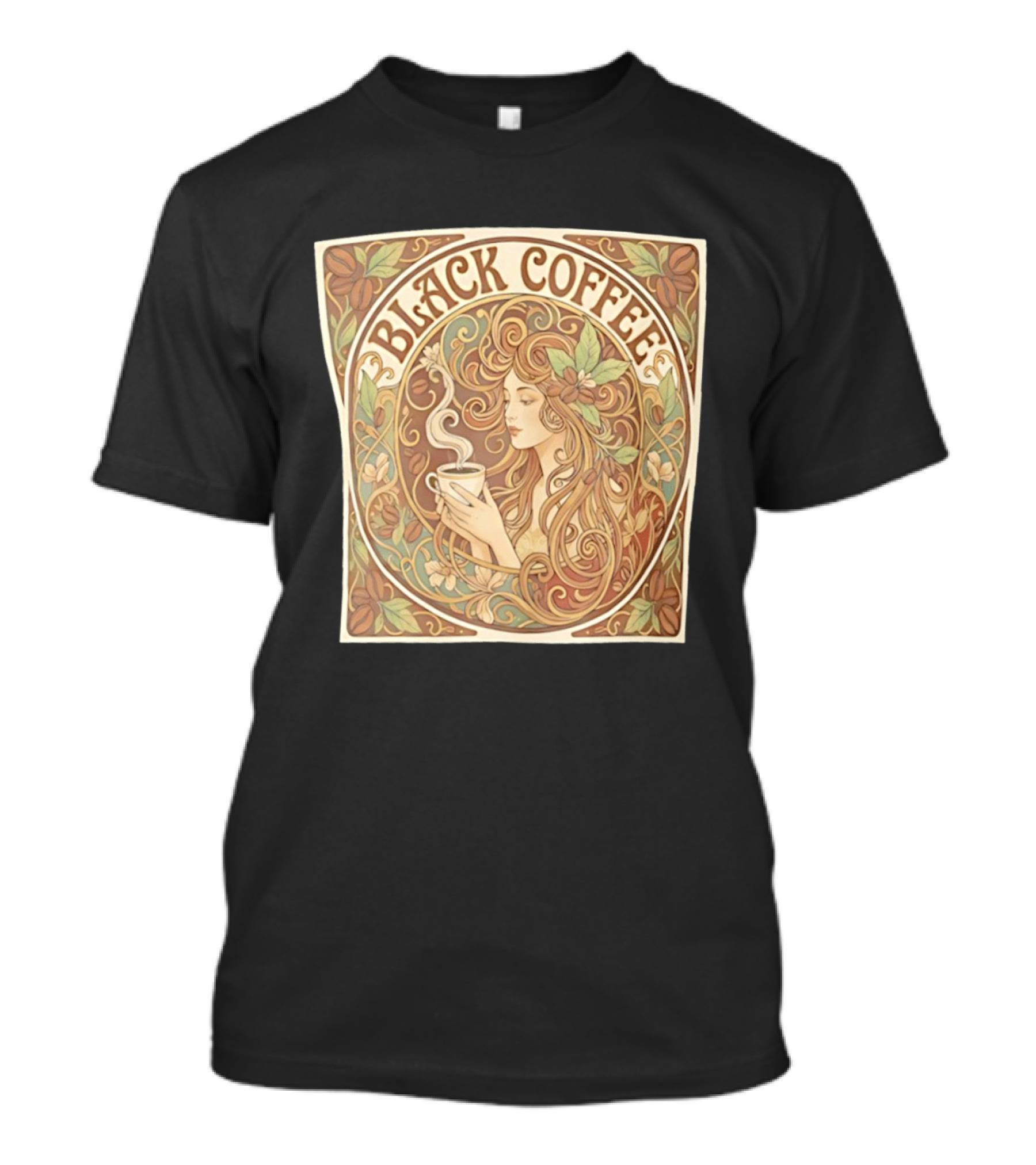 Black Coffee Nouveau Floral Steaming Art Deco T-Shirt