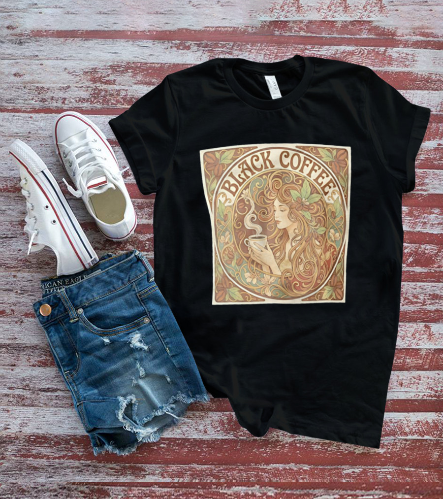 Black Coffee Nouveau Floral Steaming Art Deco T-Shirt