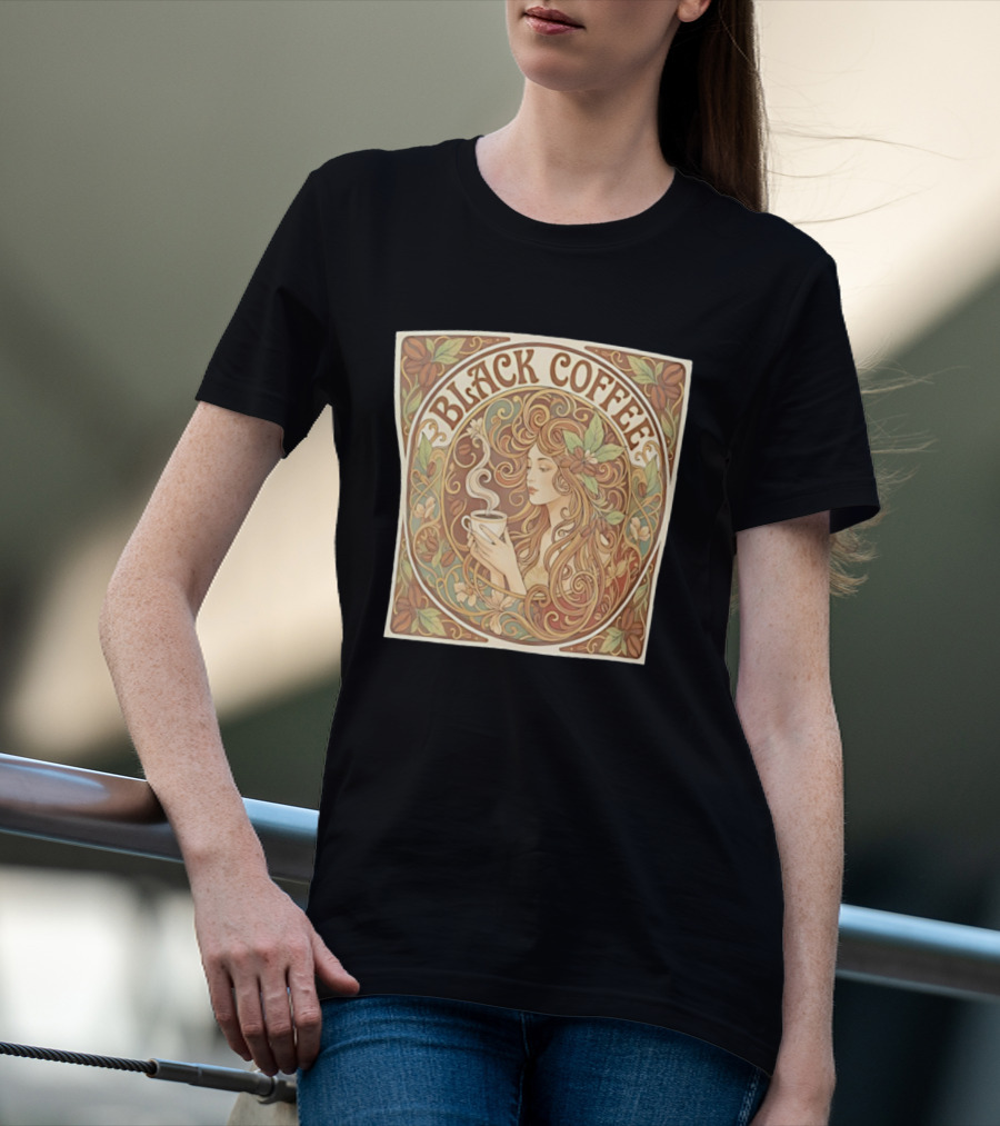 Black Coffee Nouveau Floral Steaming Art Deco T-Shirt