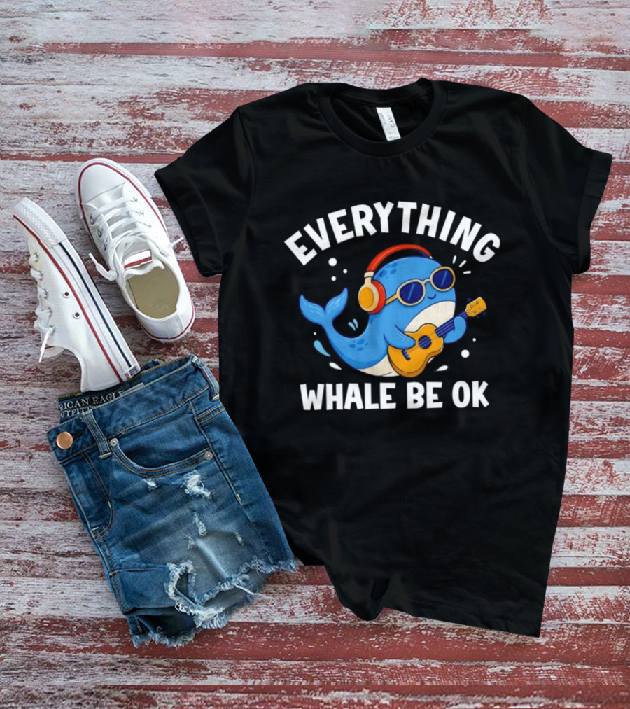 Everything Whale Be Ok Whale Playing Ukulele With Headphones Ocean Animal Music T-Shirt