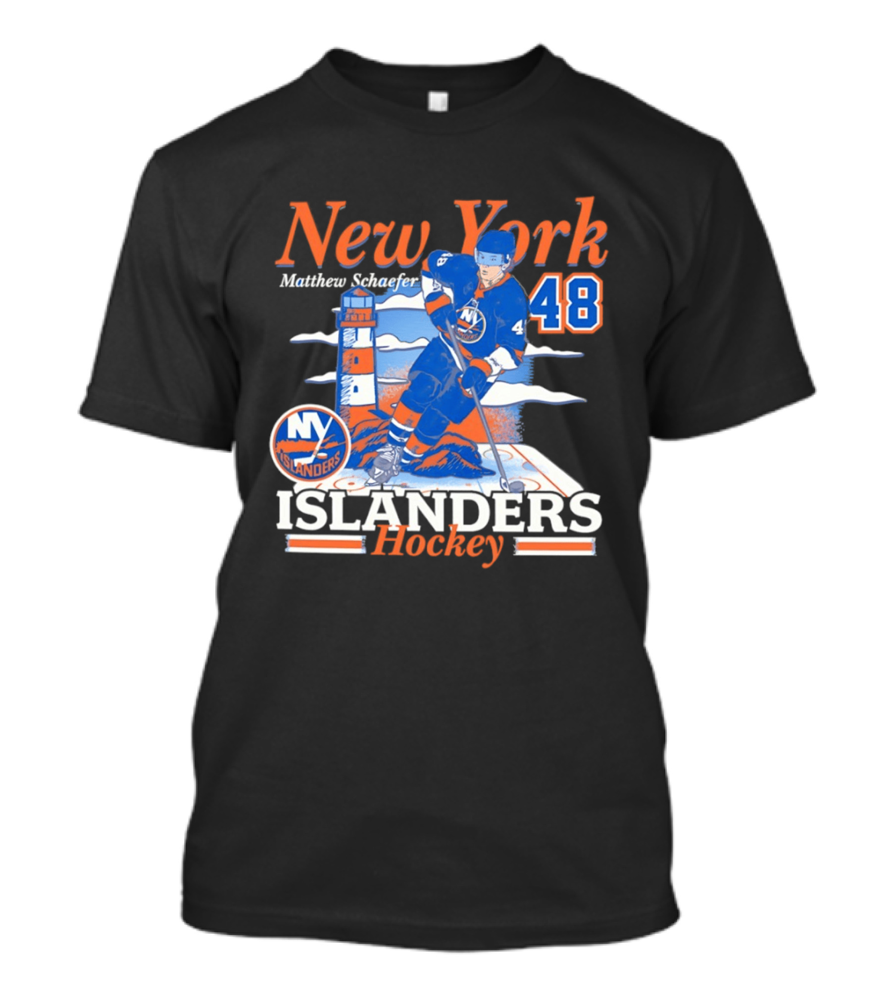 New York Islanders Hockey Matthew Schaefer 48 Player Lighthouse T-Shirt