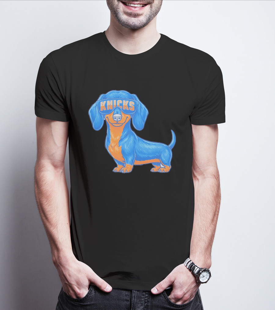 Knicks Dachshund Dog Cartoon Glasses T-Shirt