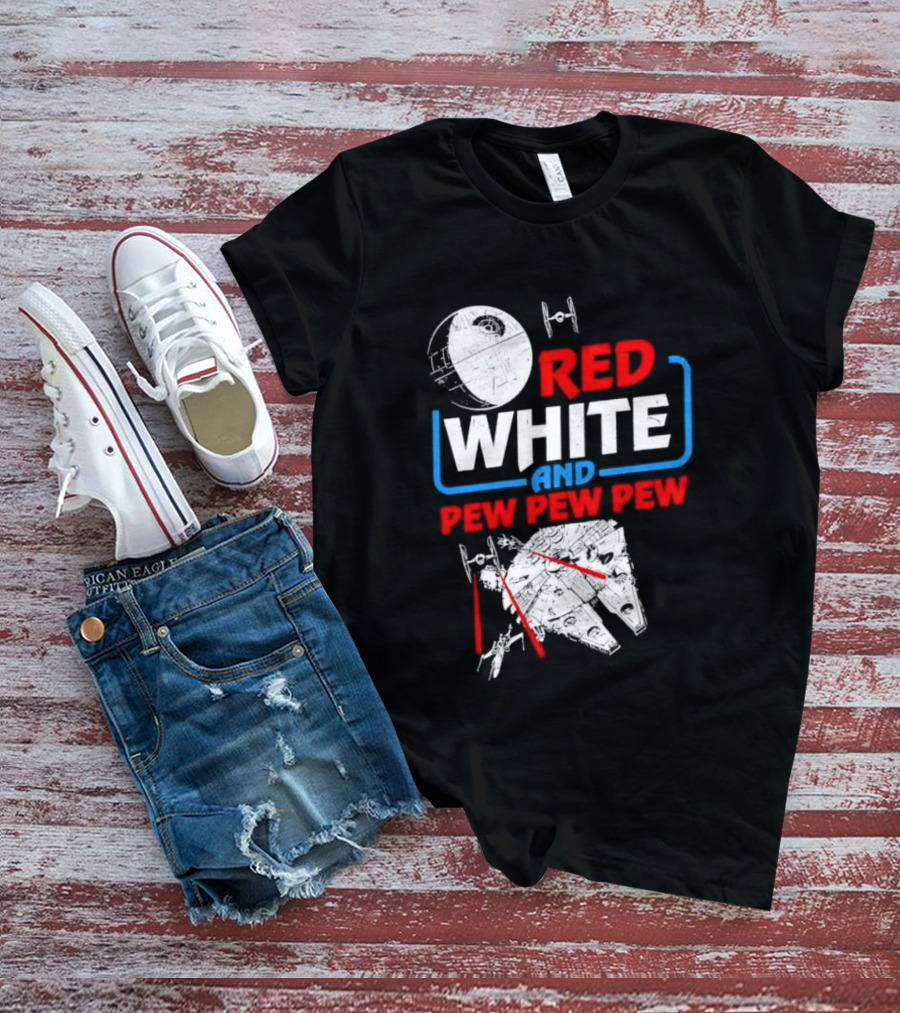 Star Wars Millennium Falcon Red White And Pew Pew Pew Death Star Tie Fighter T-Shirt