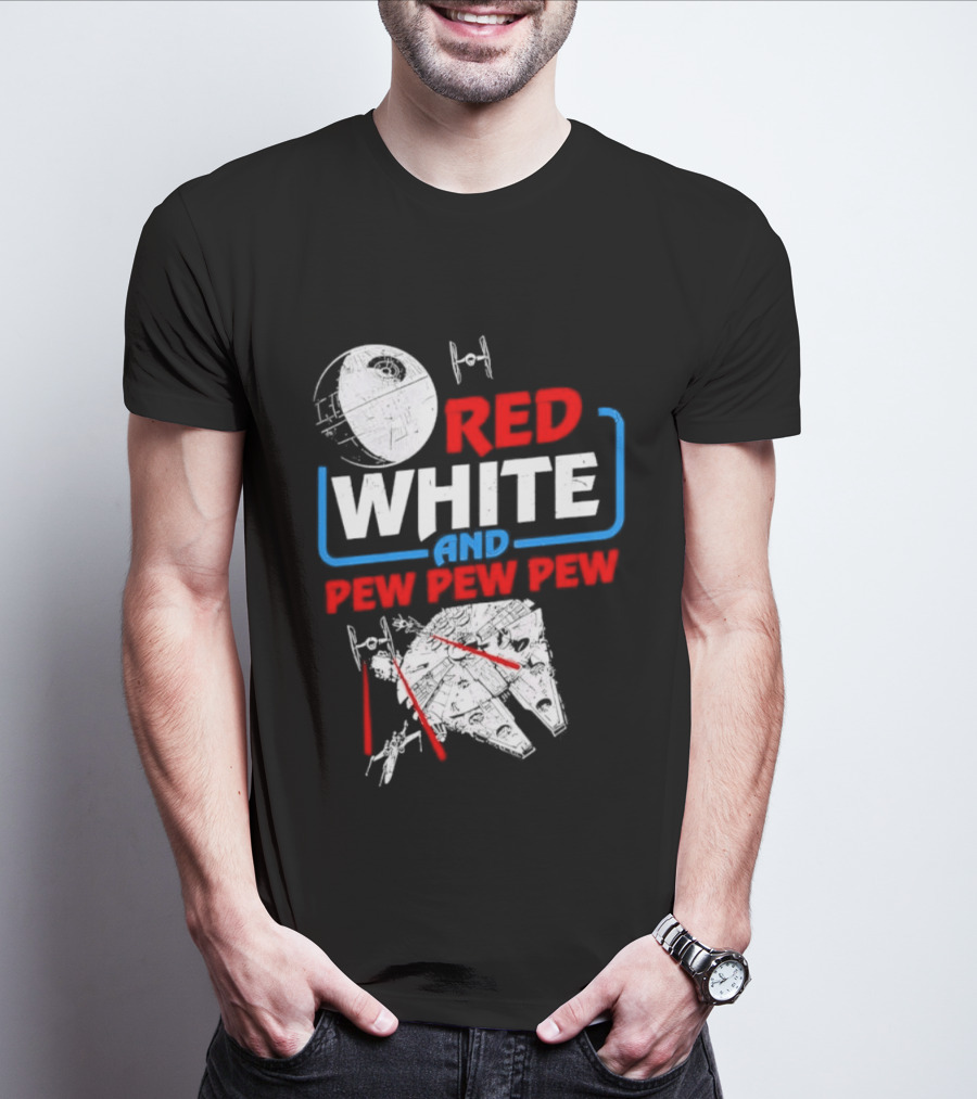 Star Wars Millennium Falcon Red White And Pew Pew Pew Death Star Tie Fighter T-Shirt
