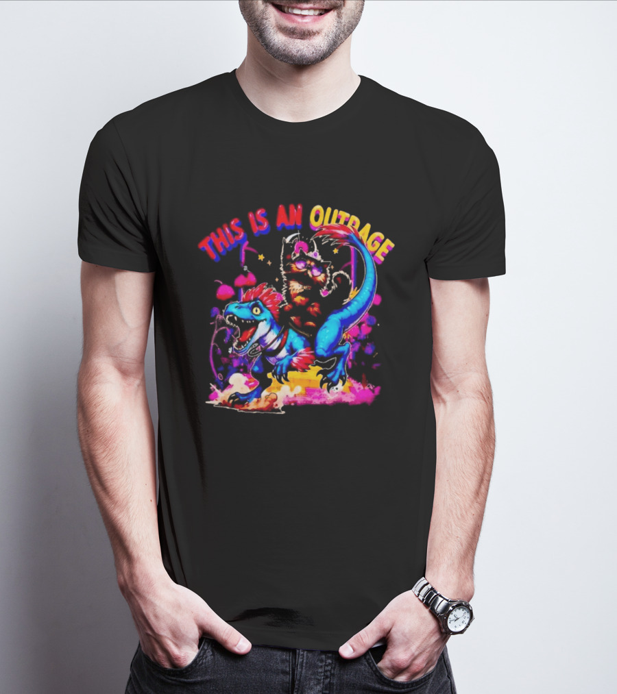 This Is An Outrage Cat Riding Blue Raptor Dinosaur Jurassic T-Shirt
