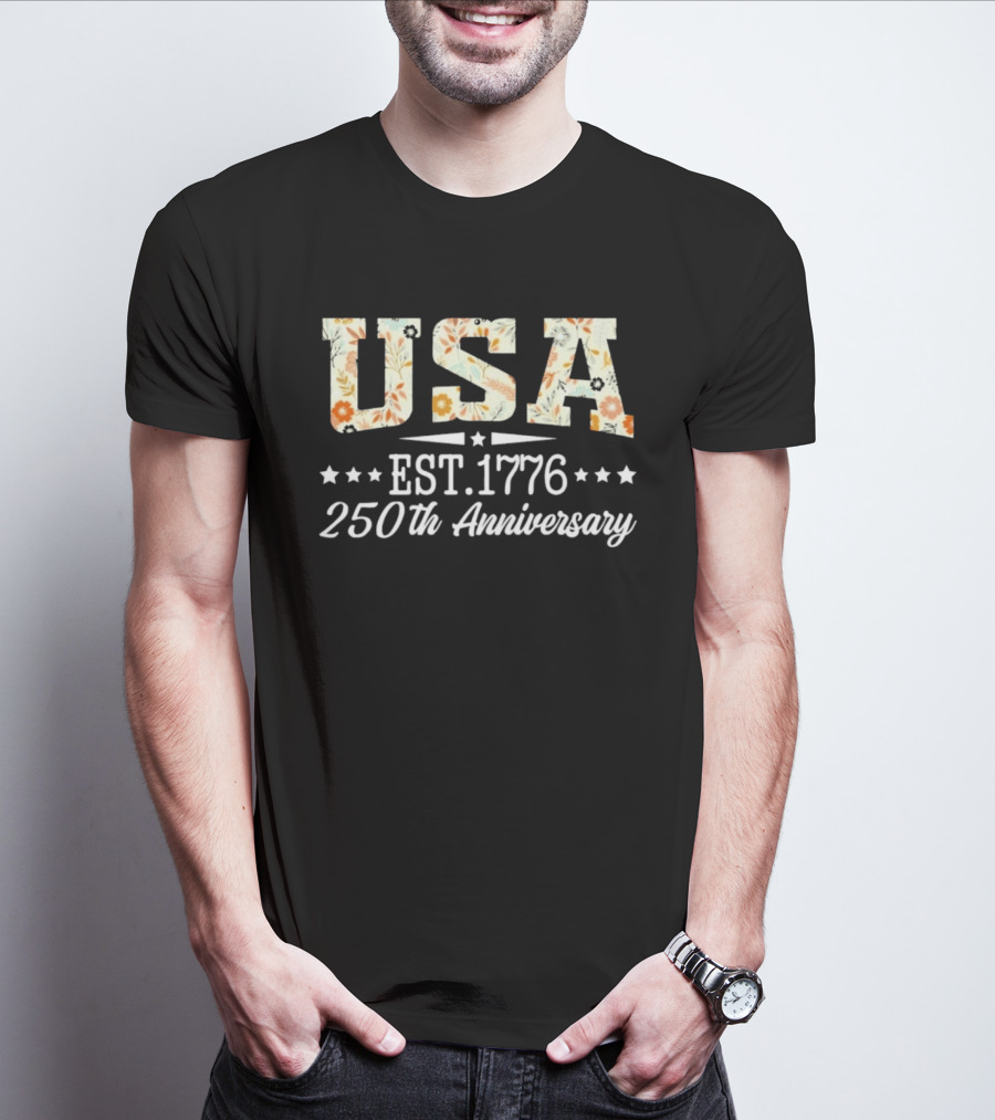 USA EST 1776 250th Anniversary Floral Celebration T-Shirt