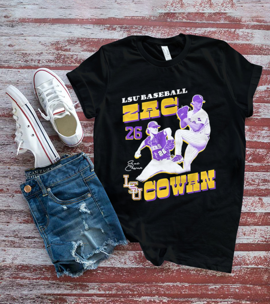 LSU Baseball Zac Cowan 26 Pitching Action Pose T-Shirt