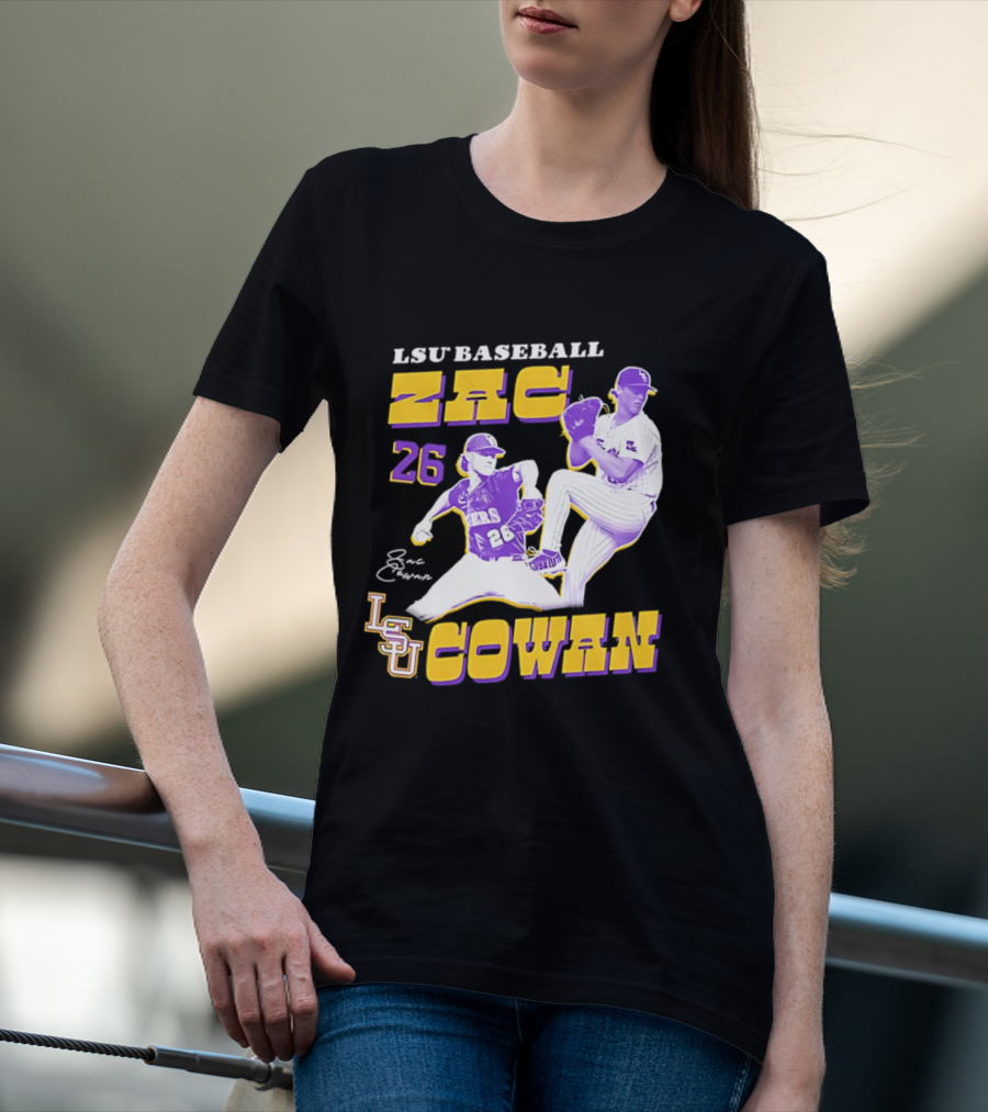LSU Baseball Zac Cowan 26 Pitching Action Pose T-Shirt