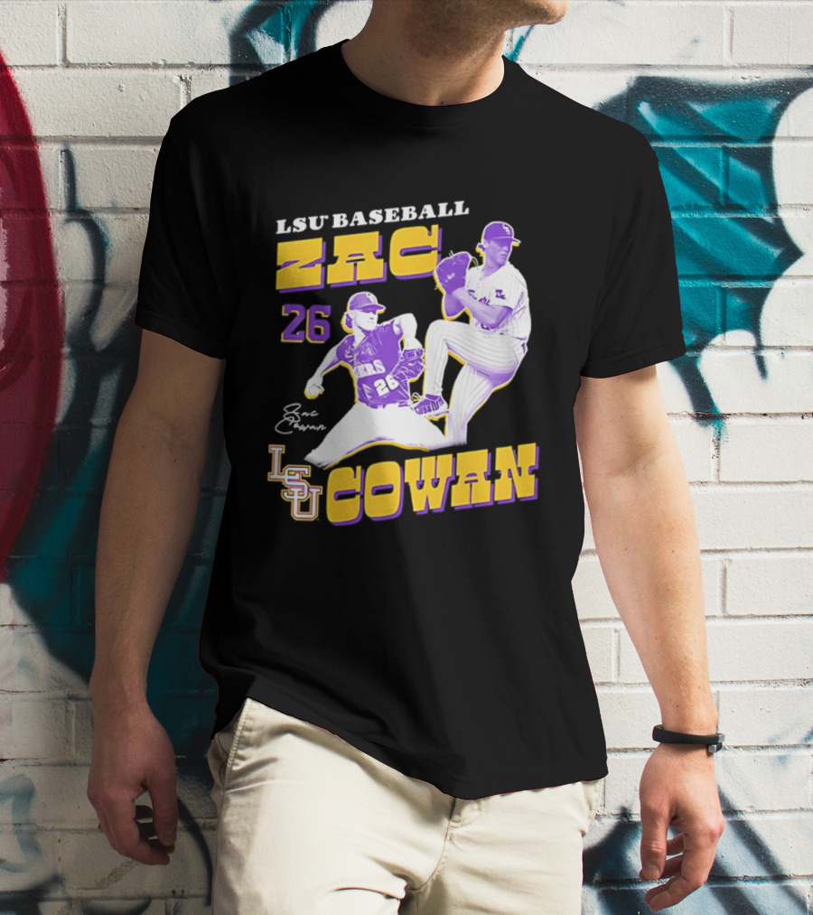 LSU Baseball Zac Cowan 26 Pitching Action Pose T-Shirt