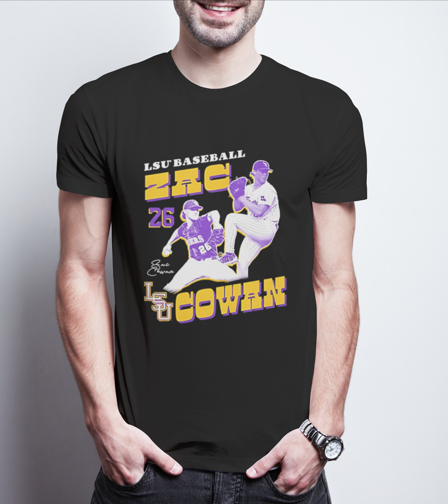 LSU Baseball Zac Cowan 26 Pitching Action Pose T-Shirt
