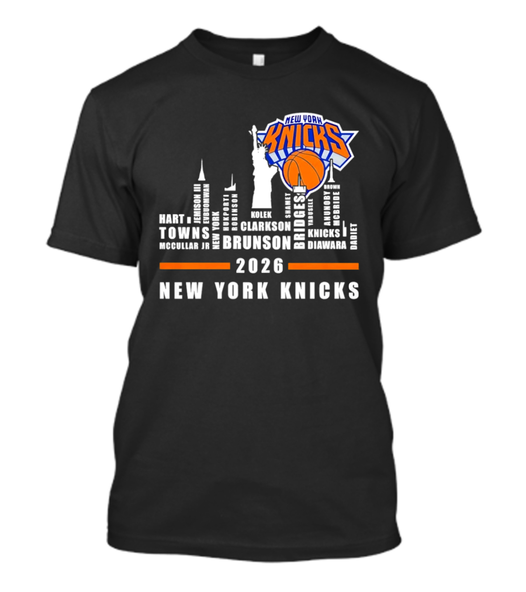 New York Knicks 2026 Team Roster Skyline Statue Of Liberty T-Shirt